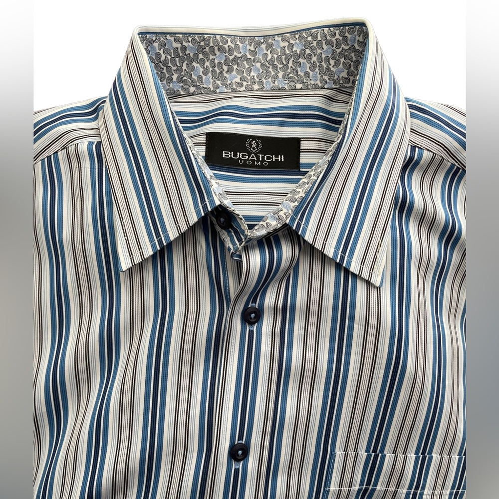 Bugatchi UOMO Mens Stripped Blue and White Dress Shirt EUC Size Large Tall